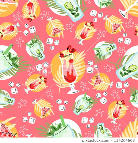 Tropical summer cocktails seamless pattern. Drinks with fruits and ice. Pina colada and beach mojito. Repeated print. Bar wineglass. Alcohol beverage cups with straws. Vector background Tropical summer cocktails seamless pattern. Drinks with fruits and ice. Pina colada and beach mojito. Repeated print. Bar wineglass. Alcohol beverage cups with straws. Vector background 134204608