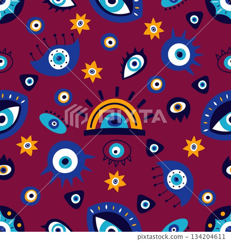 Various cartoon eyes with or without eyelashes seamless pattern. Traditional Turkish or Greek amulet. Repeated print. Hamsa talisman. Occult souvenirs. Occult souvenir. Vector background Various cartoon eyes with or without eyelashes seamless pattern. Traditional Turkish or Greek amulet. Repeated print. Hamsa talisman. Occult souvenirs. Occult souvenir. Vector background 134204611