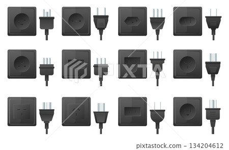 Various types of electrical connectors and sockets made of black plastic. Electricity 3D equipment. European and American standards. Cable adaptors. Electric circuit port shapes vector set Various types of electrical connectors and sockets made of black plastic. Electricity 3D equipment. European and American standards. Cable adaptors. Electric circuit port shapes vector set 134204612