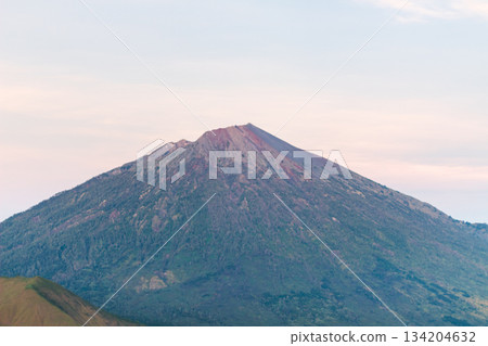 Mount Rinjani Peak dominates pale sky view from Pergasingan Hill. Mount Rinjani Peak dominates pale sky view from Pergasingan Hill. 134204632