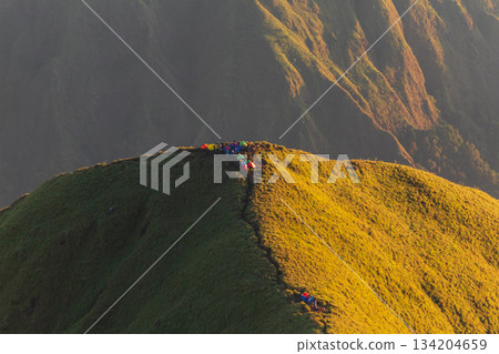 Colorful tents camping high on Pergasingan Hill ridge. 134204659
