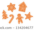 Set of Christmas gingerbread cookie with icing illustrations. Winter biscuits in shape of house, candy cane, gingerbread man, star, snowflake and Xmas tree. Traditional holiday treats 134204677