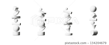 Abstract 3D balance shapes with spheres, cubes and cylinders in a grainy halftone style. Geometric balance and white textured forms create a clean, modern abstract background with retro grain effects 134204679