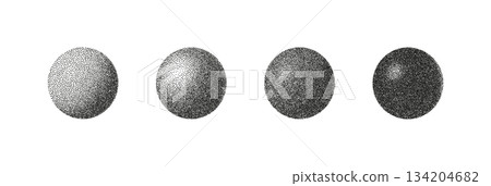 Set of grainy halftone spheres with noise texture and soft gradient shading. Abstract round shapes with stipple effect and retro grunge style. Grain, sphere, halftone repeated for relevance. Set of grainy halftone spheres with noise texture and soft gradient shading. Abstract round shapes with stipple effect and retro grunge style. Grain, sphere, halftone repeated for relevance. 134204682