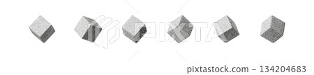 Set of abstract 3D cubes with grainy noise texture and soft halftone shading. Minimal geometric shapes on white background create a modern retro look with subtle stipple gradients and smooth shadows. Set of abstract 3D cubes with grainy noise texture and soft halftone shading. Minimal geometric shapes on white background create a modern retro look with subtle stipple gradients and smooth shadows. 134204683