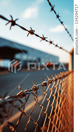 A high steel fence with barbed wire encloses a warehouse. The photo shows a clear blue sky above and distant buildings in the background during the day A high steel fence with barbed wire encloses a warehouse. The photo shows a clear blue sky above and distant buildings in the background during the day 134204717