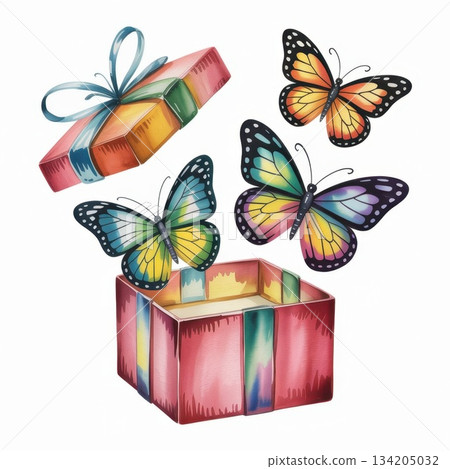 Butterflies Flying out of a Colorful Gift Box in a Watercolor Art Style During Daytime Butterflies Flying out of a Colorful Gift Box in a Watercolor Art Style During Daytime 134205032