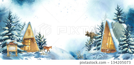 Winter forest landscape with cozy cabins and wild animals. Christmas holiday concept for greeting card and festive background design. Hand drawn illustration text frame template Winter forest landscape with cozy cabins and wild animals. Christmas holiday concept for greeting card and festive background design. Hand drawn illustration text frame template 134205073