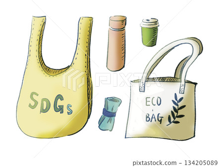 環保物品插圖，例如環保袋和我的水瓶 | 環保袋、永續發展目標、我的水瓶 134205089