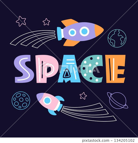 cartoon space poster, flat style 134205102