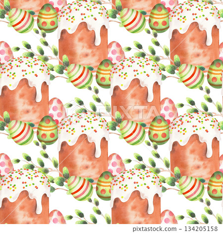 Seamless pattern of easter kulich cake, willows and easter eggs. Watercolor illustration. For fabric, wallpaper, packing paper, greeting cards, design, decoration and illustration. 134205158
