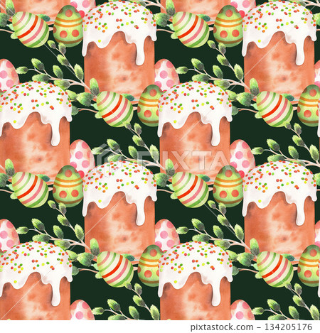 Seamless pattern of easter kulich cake, willows and eggs on a green background. Watercolor illustration. For fabric, wallpaper, packing paper, greeting cards, design, decoration and illustration. 134205176