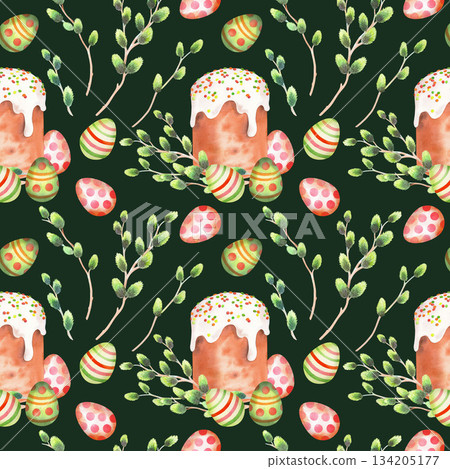 Seamless pattern of easter cake, willows and easter eggs on a green background. Watercolor illustration. For fabric, wallpaper, packing paper, greeting cards, design, decoration and illustration. Seamless pattern of easter cake, willows and easter eggs on a green background. Watercolor illustration. For fabric, wallpaper, packing paper, greeting cards, design, decoration and illustration. 134205177