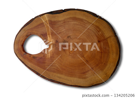 Empty brown cutting board made of wood cut isolated on white background. 134205206