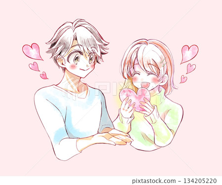 A man holding out both hands and a woman holding a heart 134205220