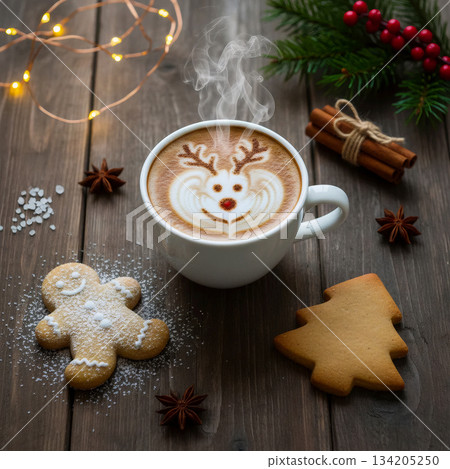 cappuccino with christmas reindeer latte art among cookies and spices on a wooden table cappuccino with christmas reindeer latte art among cookies and spices on a wooden table 134205250