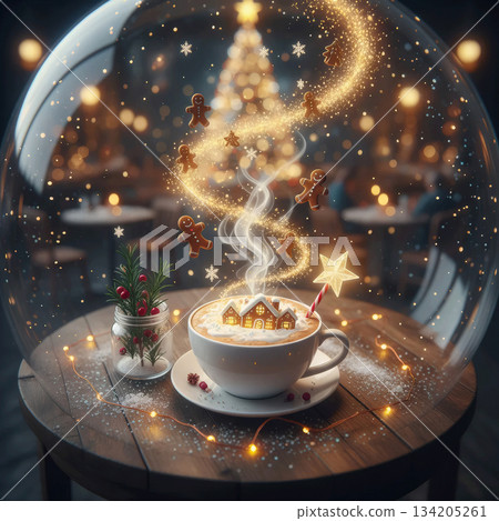 cup of coffee in a glass globe with floating gingerbread men, houses, and a christmas star cup of coffee in a glass globe with floating gingerbread men, houses, and a christmas star 134205261