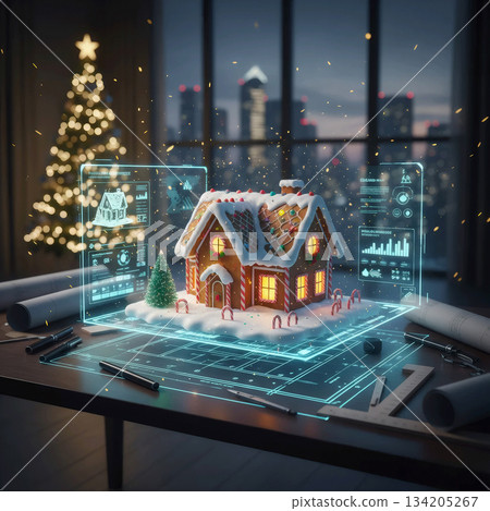 gingerbread house on a glowing architectural blueprint with a christmas tree and city view 134205267