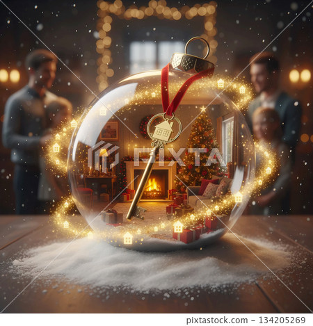 golden house key inside a glass christmas ornament on the background of a cozy family holiday 134205269