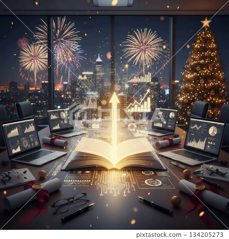 open book with an upward arrow and business charts on laptops in a new year's office 134205273