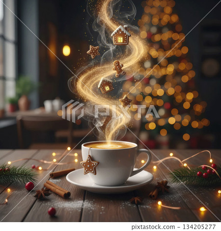 gingerbread cookies in the shape of houses and stars rising from a mug of hot drink gingerbread cookies in the shape of houses and stars rising from a mug of hot drink 134205277