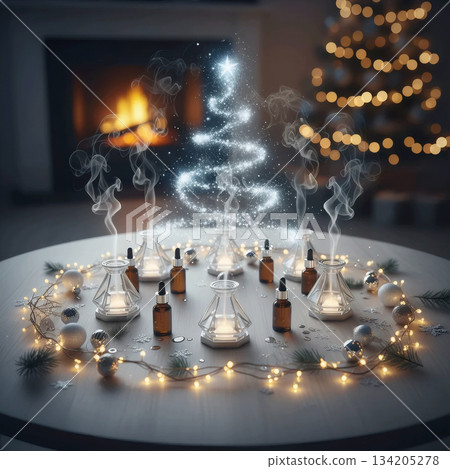 magical tree of smoke and light surrounded by aroma lamps with oils against a fireplace background magical tree of smoke and light surrounded by aroma lamps with oils against a fireplace background 134205278