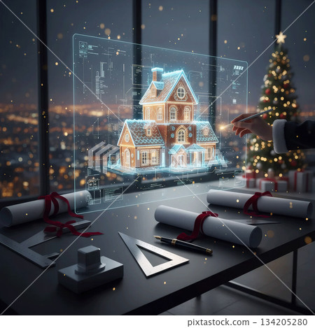 hand in a santa suit draws a house hologram over blueprints against a night city background hand in a santa suit draws a house hologram over blueprints against a night city background 134205280