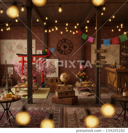 loft interior with brick walls, garlands and decor elements from different countries of the world loft interior with brick walls, garlands and decor elements from different countries of the world 134205282
