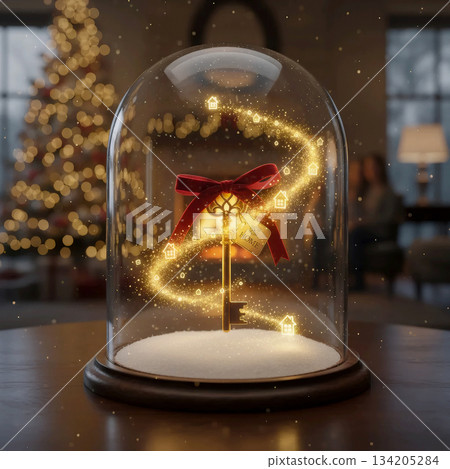 golden house key in a glass dome with a red bow against a fireplace and christmas tree background golden house key in a glass dome with a red bow against a fireplace and christmas tree background 134205284