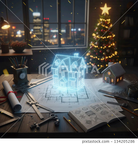 holographic house model over a blueprint with a gingerbread house, christmas tree and city view holographic house model over a blueprint with a gingerbread house, christmas tree and city view 134205286
