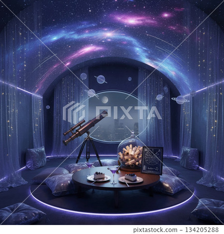 room with a telescope, star projection, desserts, and a panoramic window overlooking the city room with a telescope, star projection, desserts, and a panoramic window overlooking the city 134205288