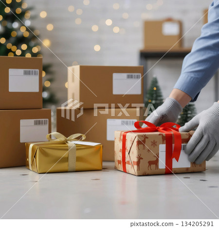 gloved hands wrapping gifts against a background of shipping boxes and a christmas tree 134205291