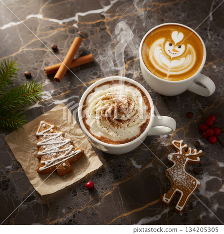 two cups of hot christmas drink and a gingerbread cookie on a marble table two cups of hot christmas drink and a gingerbread cookie on a marble table 134205305