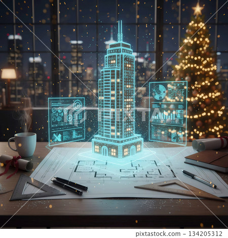 architect working on skyscraper blueprints with a holographic display against a city skyline and christmas tree 134205312