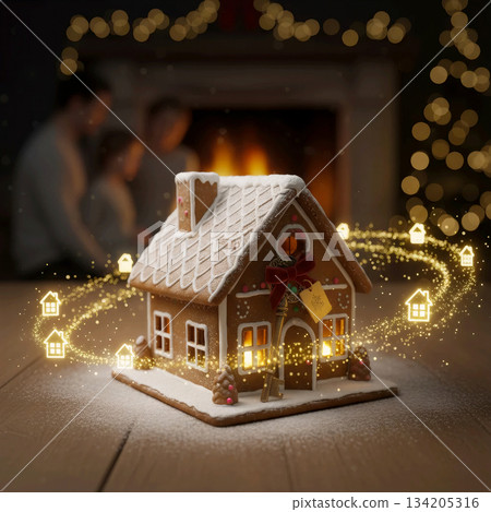 gingerbread house with a key and ribbon on a wooden table with a golden glow and blurred family by the fireplace gingerbread house with a key and ribbon on a wooden table with a golden glow and blurred family by the fireplace 134205316