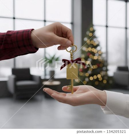 hands are passing a golden key with a festive tag against a christmas tree in the office hands are passing a golden key with a festive tag against a christmas tree in the office 134205321