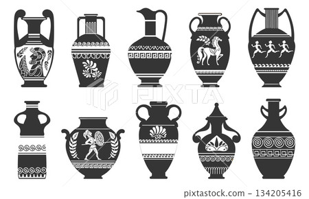 Ancient Greek vases of various shapes with national ornaments. Historical pottery. Vessels with Roman patterns. Archaeological crockery. Vector set of silhouettes of antique tableware 134205416