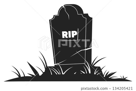 Ancient stone grave monument. Black silhouette of gravestone overgrown with grass. Halloween graveyard decor. Tombstone obelisk with fissures. Burial headstone. Vector gothic memorial 134205421