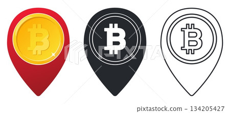 Bitcoin cryptocurrency inside geotag. Bitcoin location icons. Map pin. GPS navigation. Crypto exchange stock. Cryptocurrency trade. Silhouette, color or line signs. Vector symbols set Bitcoin cryptocurrency inside geotag. Bitcoin location icons. Map pin. GPS navigation. Crypto exchange stock. Cryptocurrency trade. Silhouette, color or line signs. Vector symbols set 134205427