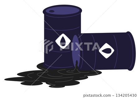 Black oil spills from overturned metal barrel. Causing environmental pollution. Chemical liquid waste. Gasoline tank dirty leaks. Petrol container. Danger gas leakage. Vector concept 134205430