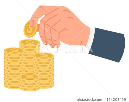 Businessmans hand stacks gold coins. Money income savings. Business finance success. Financial deposit. Cash fund. Earnings collect. Vector concept of investment or capital accumulation 134205439