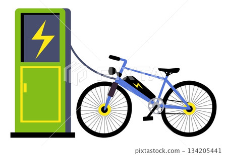 Charging electric bicycle. Vehicle recharge. E-Bike at electrical energy charge station. Bike with socket cable. Alternative ecological fuel. Vector concept of eco friendly transport Charging electric bicycle. Vehicle recharge. E-Bike at electrical energy charge station. Bike with socket cable. Alternative ecological fuel. Vector concept of eco friendly transport 134205441