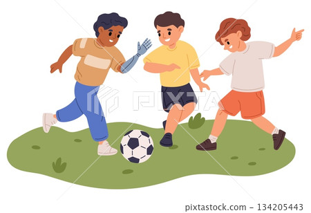 Cheerful boy with prosthetic arm happily plays soccer with his friends. Disabled player with artificial hand. Sport competition. Children running. Inclusive championship. Vector concept Cheerful boy with prosthetic arm happily plays soccer with his friends. Disabled player with artificial hand. Sport competition. Children running. Inclusive championship. Vector concept 134205443
