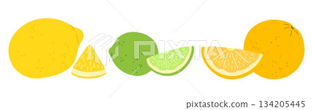 Citrus fruit assortment. Fresh lemon whole and sliced. Lime and orange pieces. Juicy tangerine. Natural cooking ingredient. Sour juice. Healthy vitamin food. Vector isolated elements set 134205445