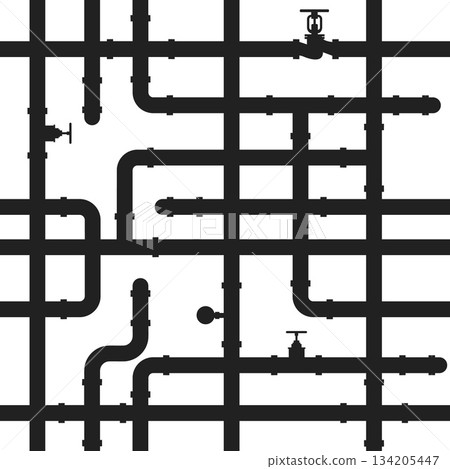 Curved water pipes with valves, taps and pressure gauges. Seamless pattern plumbing system. Black silhouette canalization tubes. Sewage engineering. Intertwined pipeline. Vector background Curved water pipes with valves, taps and pressure gauges. Seamless pattern plumbing system. Black silhouette canalization tubes. Sewage engineering. Intertwined pipeline. Vector background 134205447