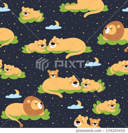 Cute sleeping lions and little cubs. Resting wild animals. Savannah seamless pattern. Cartoon leo pride. Predator family relax. Safari mammals nap. African nature. Vector background Cute sleeping lions and little cubs. Resting wild animals. Savannah seamless pattern. Cartoon leo pride. Predator family relax. Safari mammals nap. African nature. Vector background 134205450
