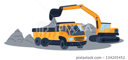 Excavator loads earth into large dump truck. Construction and road work. Building site equipment. Heavy digging machinery. Cargo transport. Tractor with excavating bucket. Vector concept 134205452