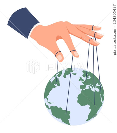 Hand holds Earth on strings from its fingers. Global manipulation. Worldwide domination. Countries at puppet threads. Puppeteer manipulating globe. Vector concept of secret control of world Hand holds Earth on strings from its fingers. Global manipulation. Worldwide domination. Countries at puppet threads. Puppeteer manipulating globe. Vector concept of secret control of world 134205457