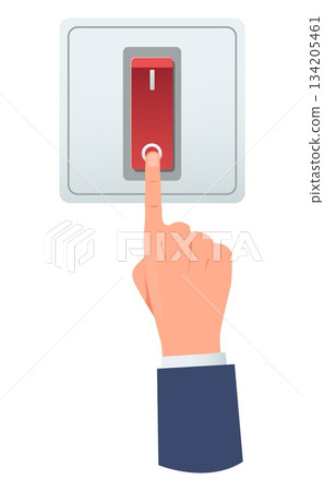 Hand presses switch with its finger. Turning electricity on and off. Electric power toggle button. Electrical voltage start turner. Electrical amperage regulator knob. Vector concept Hand presses switch with its finger. Turning electricity on and off. Electric power toggle button. Electrical voltage start turner. Electrical amperage regulator knob. Vector concept 134205461