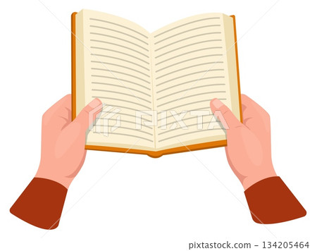 Hands hold open book. Man reads literary work. Novel pages. Reader arms. Textbook knowledge. University education. School library. Bookworm fingers. Literature wisdom. Vector concept Hands hold open book. Man reads literary work. Novel pages. Reader arms. Textbook knowledge. University education. School library. Bookworm fingers. Literature wisdom. Vector concept 134205464